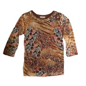 Gabby D Women's Small Mesh Blouse Vintage Y2K Beaded Neckline Lettuce Trim 2000s